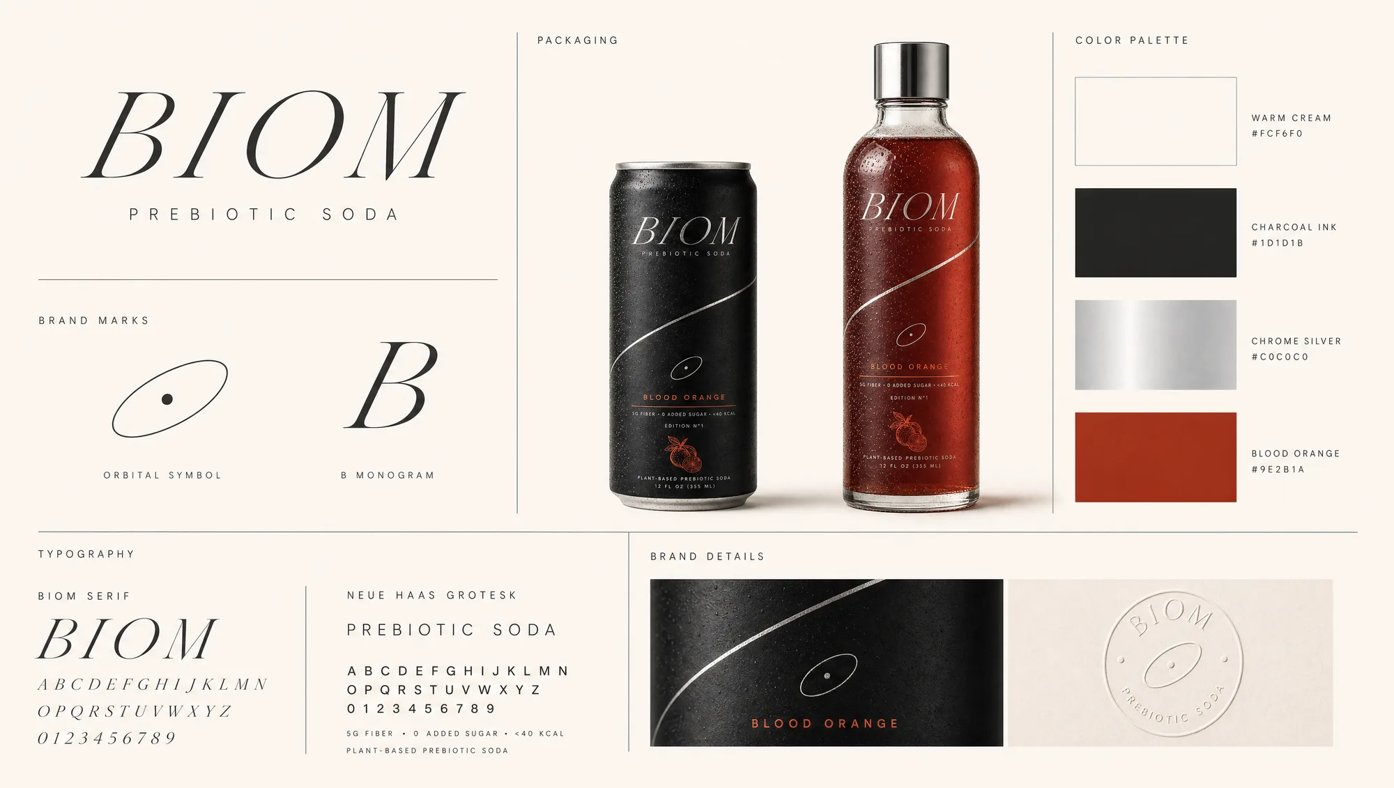 BIOM brand board, wordmark, marks, packaging, palette and type system on one sheet.