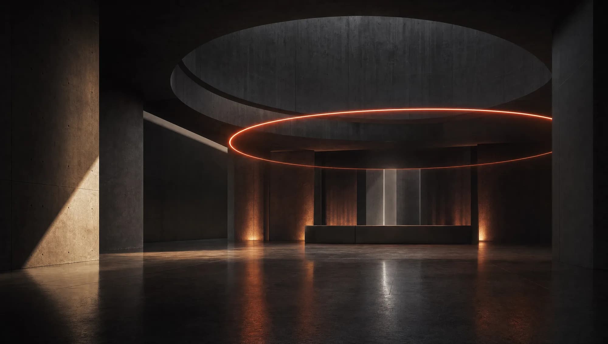 BIOM brand environment, a chrome ring of blood-orange light in a still, architectural space.