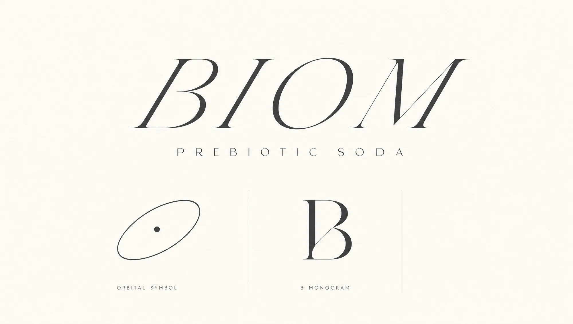 BIOM logo and orbital symbol, italic Didone wordmark with the abstract orbital mark and B monogram.
