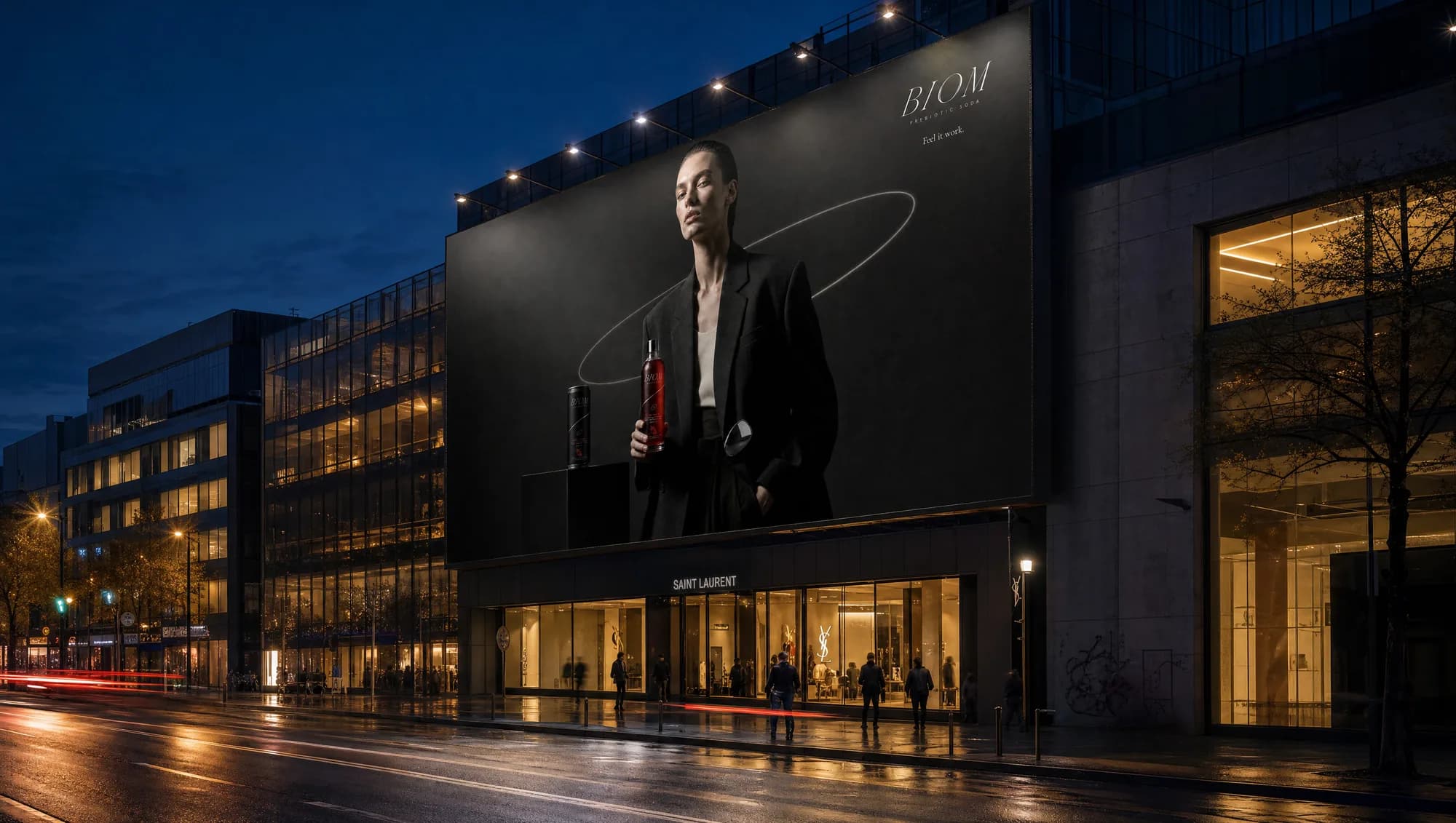 BIOM out-of-home billboard in the chrome-and-blood-orange world.