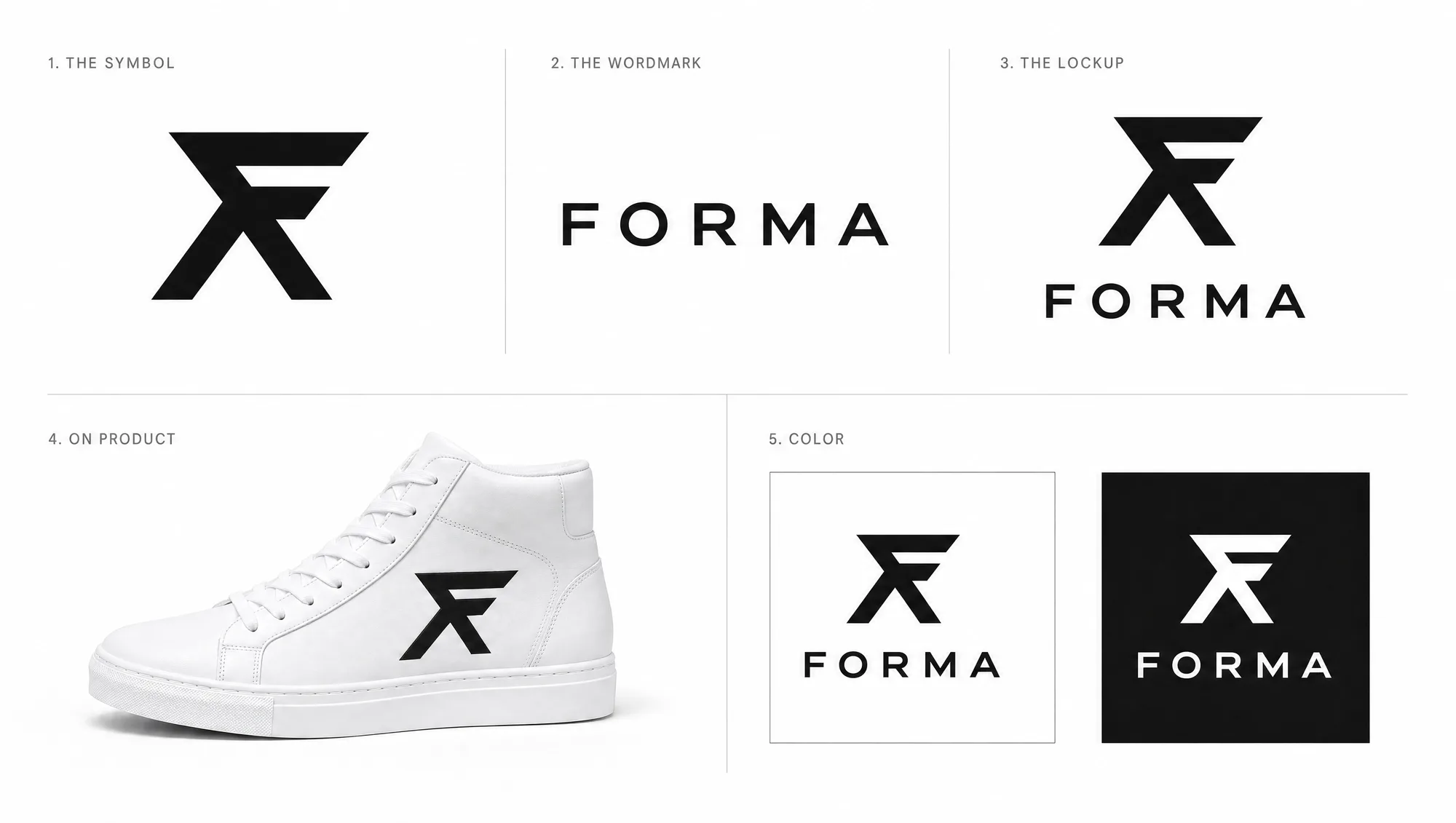 FORMA logo system, the angular F emblem with the wide-tracked FORMA wordmark in black and reversed white.