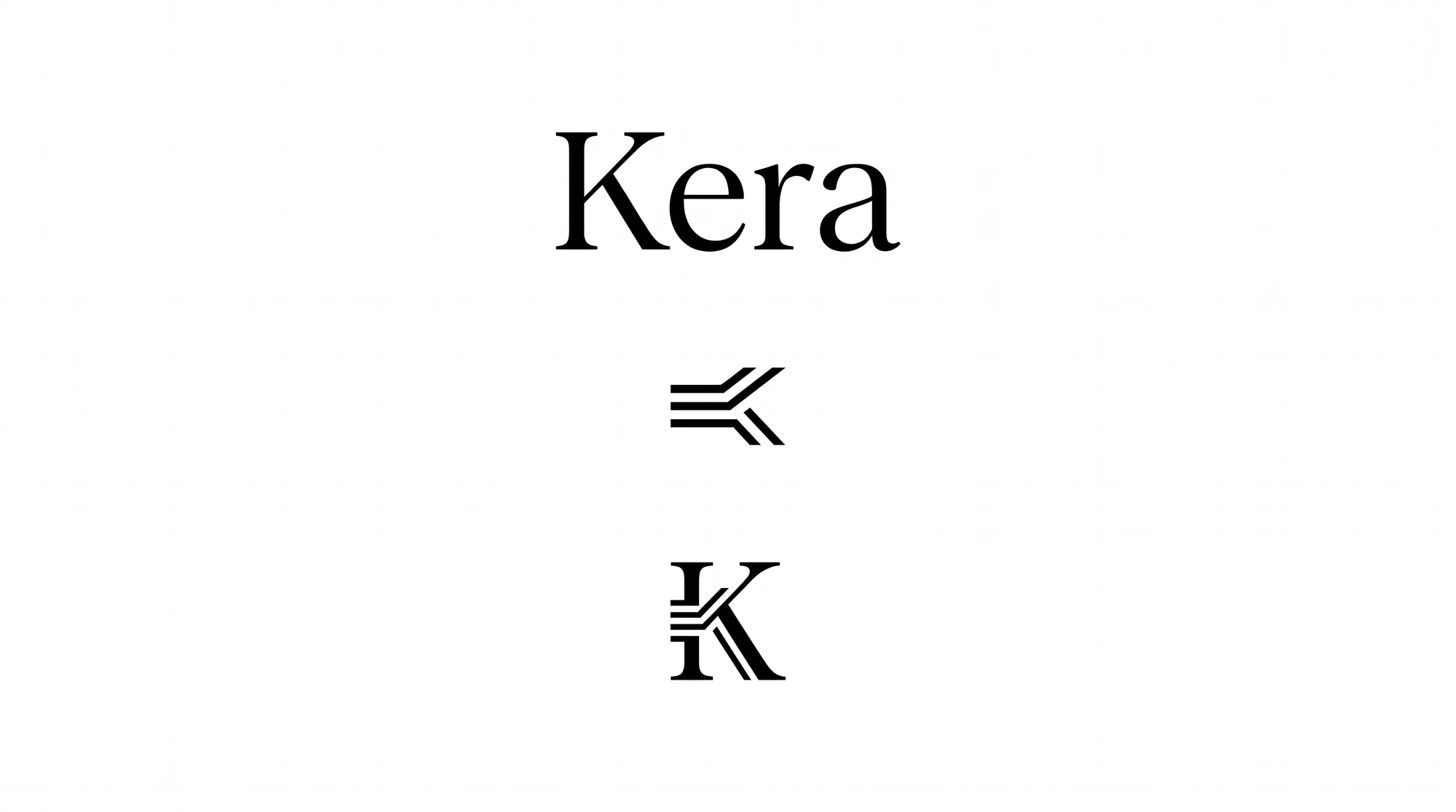 Kera wordmark and K monogram, a clean contrast serif with a tight, legible mark.