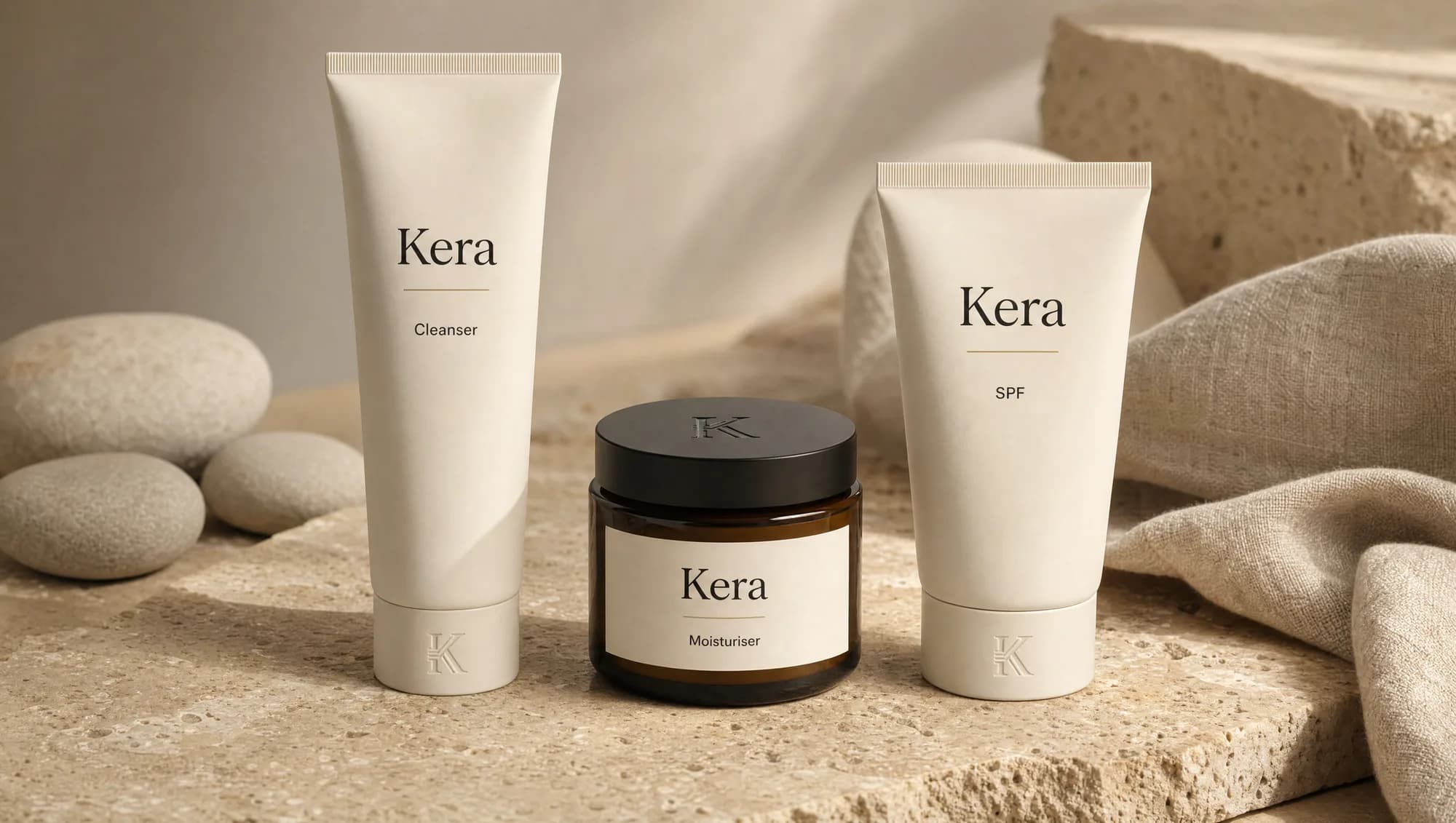 The Kera three-piece kit, cleanser, moisturiser and SPF, on warm travertine stone.