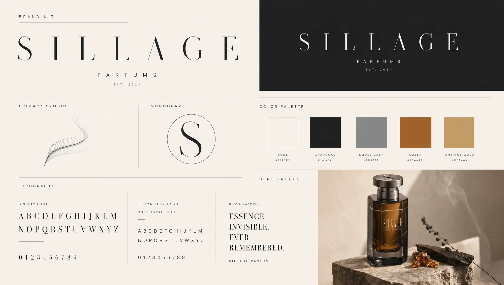 Sillage brand kit, wordmark, monogram, palette and type system on one sheet.