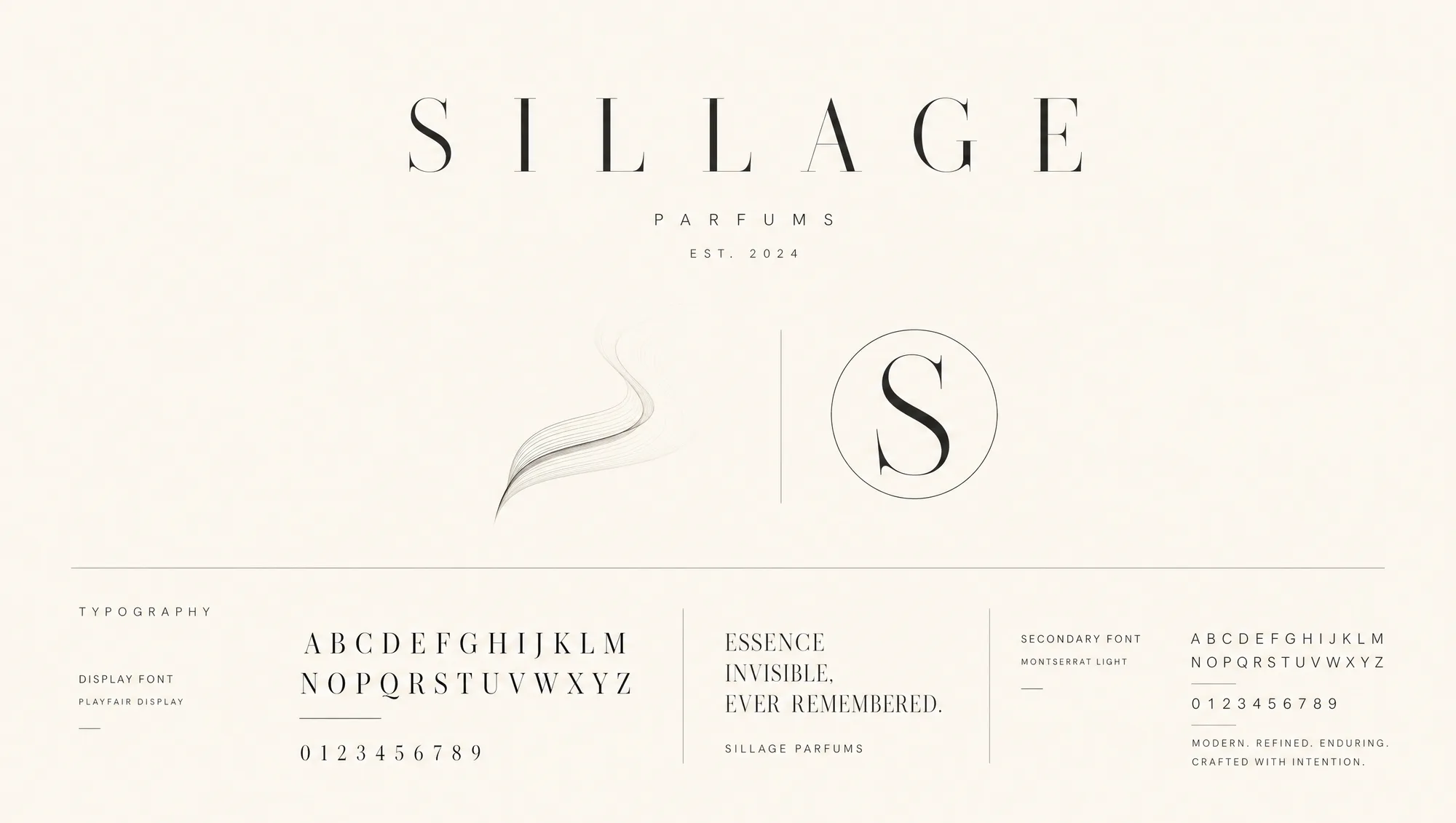 Sillage logo and scent-trail symbol, tall serif wordmark with the abstract trail mark.
