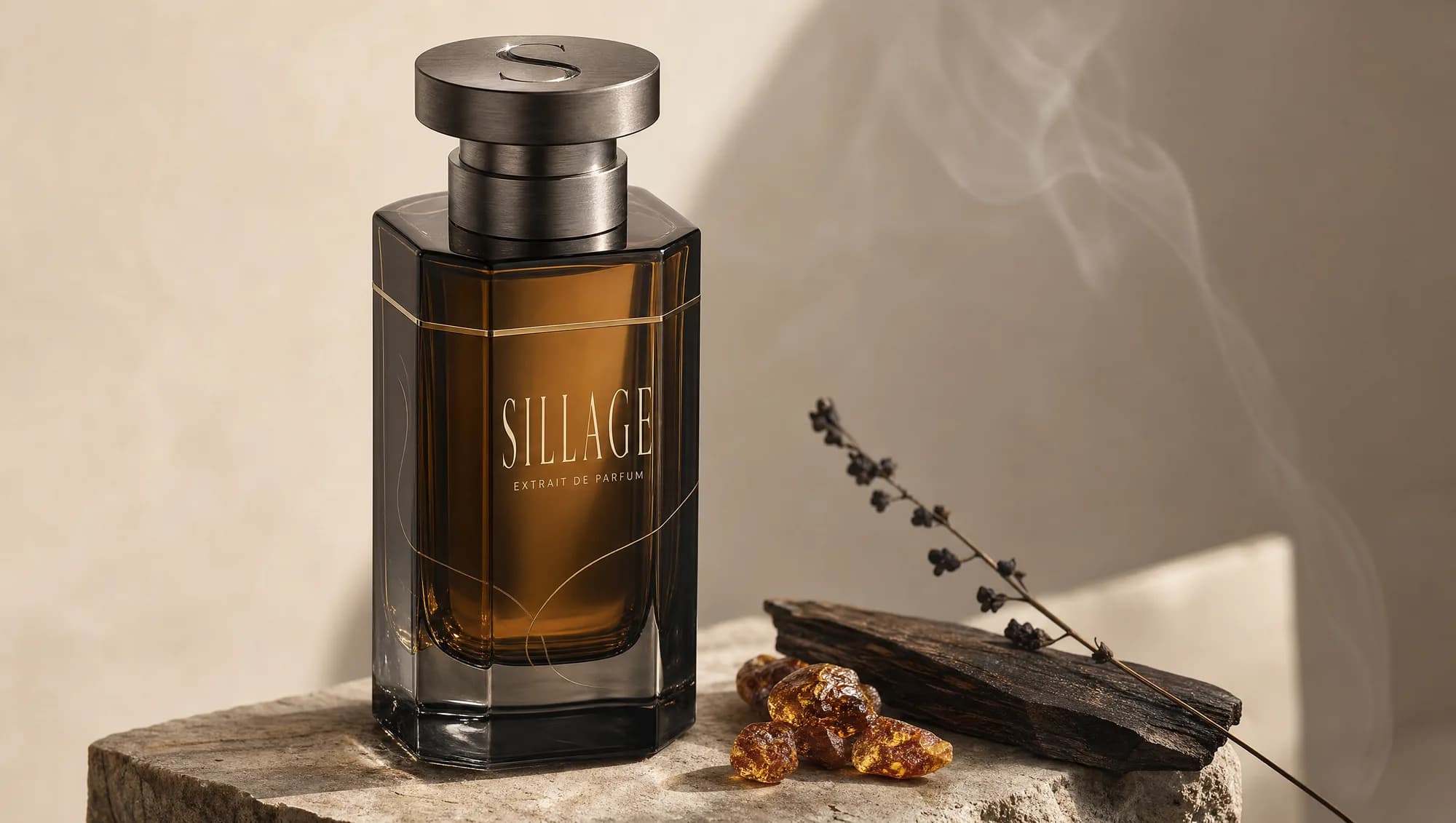 The Sillage master bottle, smoked grey glass, amber extrait, brushed gunmetal cap engraved with an S.