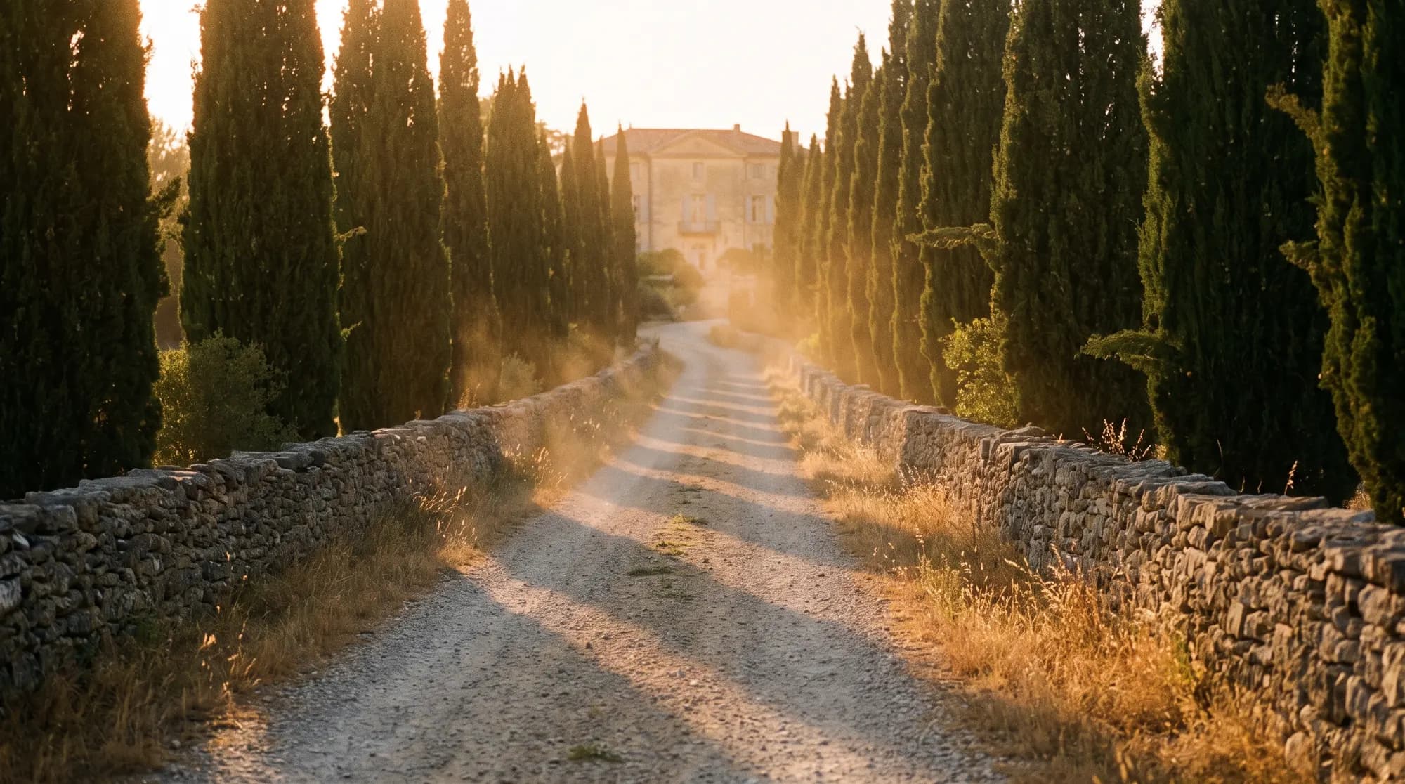 A cypress-lined gravel lane leading to a stone château at golden hour, dust catching the low sun.
