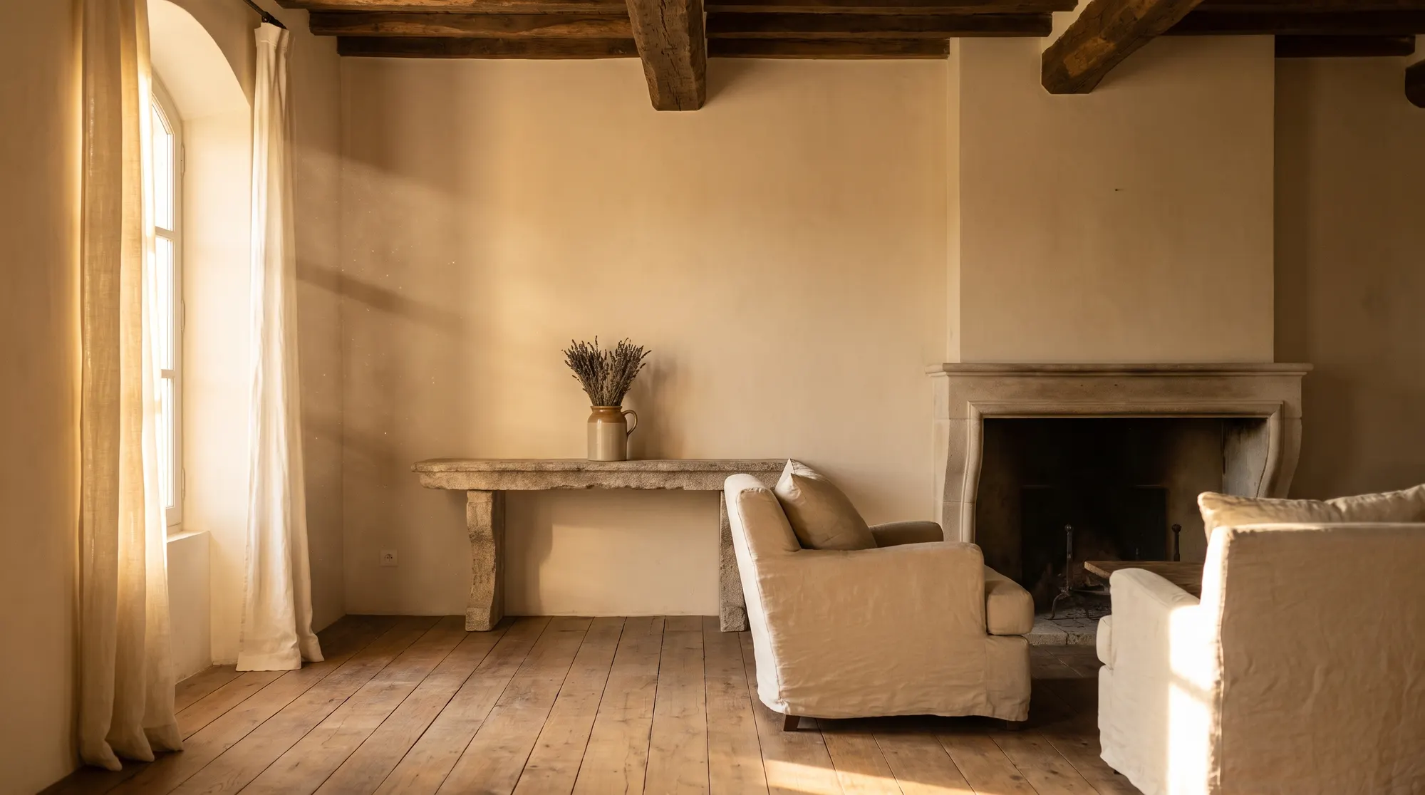 A calm Provençal salon interior: beamed ceiling, stone fireplace, linen slipcovered chairs, and dried lavender in soft window light.