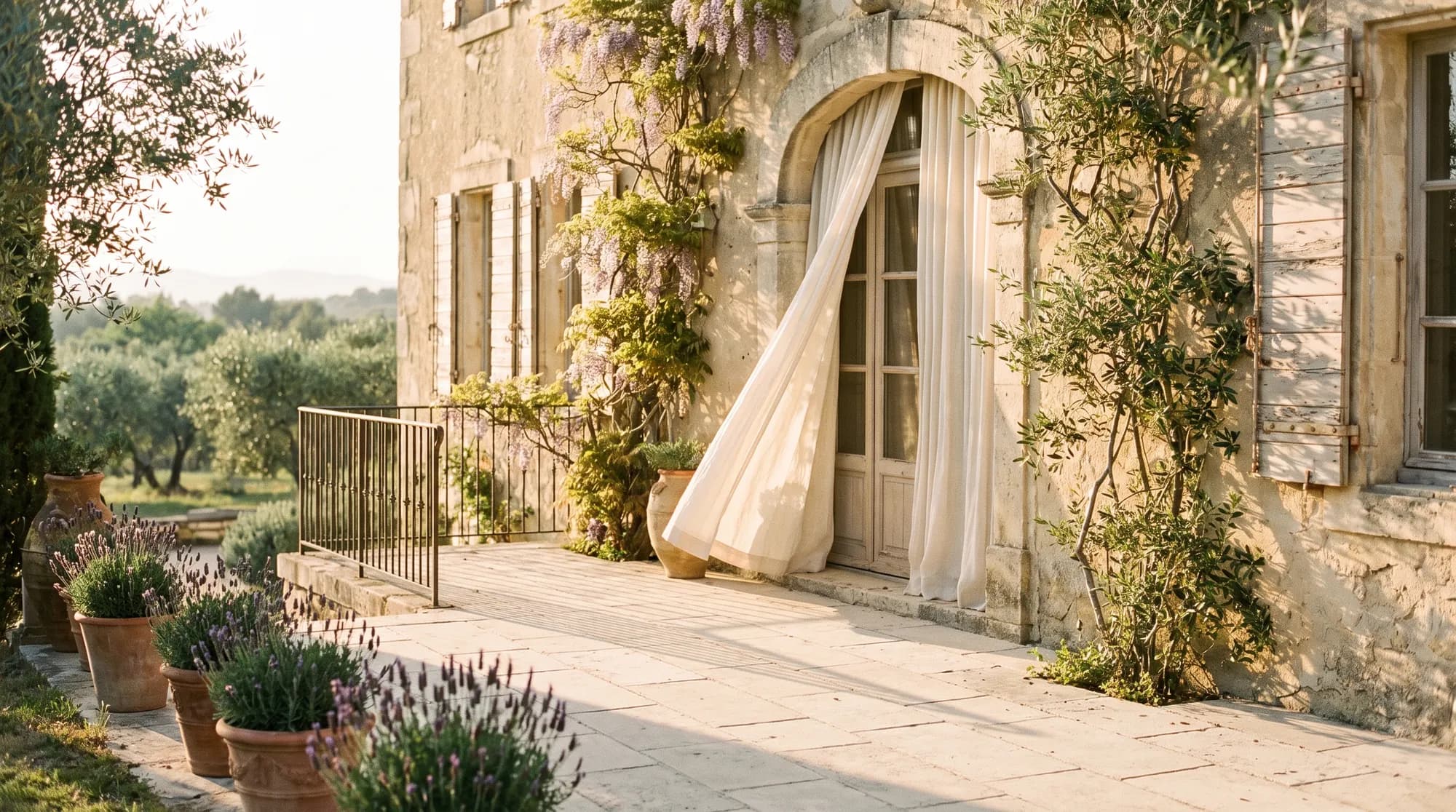 A Provençal stone terrace at golden hour, an arched doorway with a billowing linen curtain, wisteria and potted lavender.