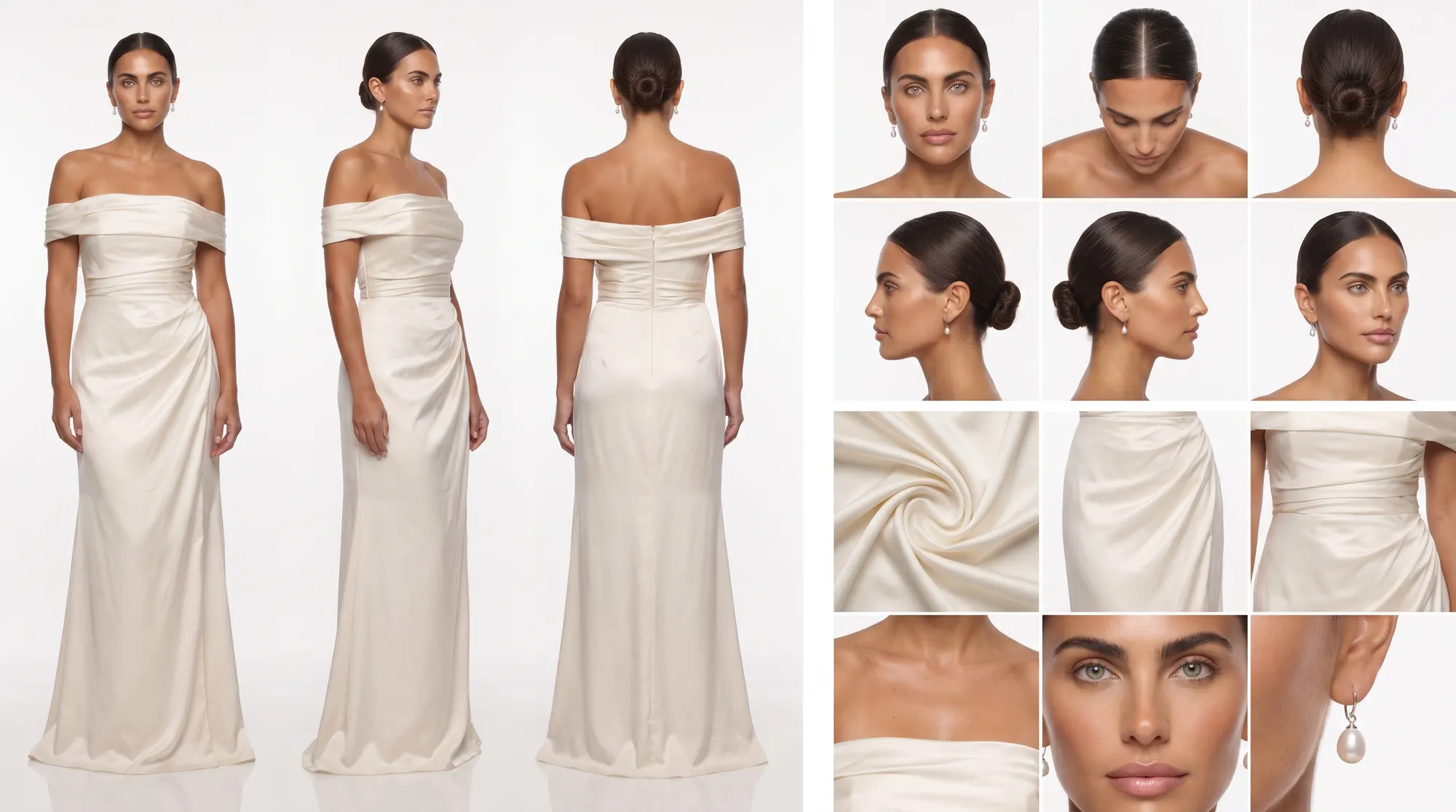 Model reference sheet: full-length turnaround in an off-shoulder cream satin gown, expression grid, and fabric and jewellery detail crops.