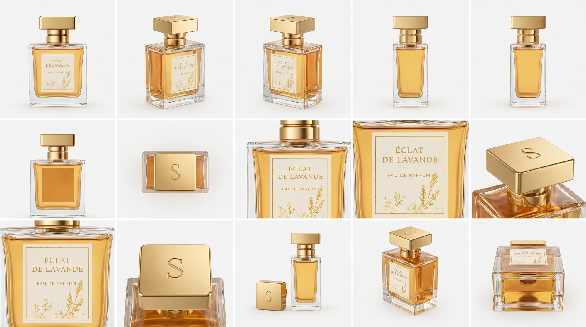 Éclat de Lavande flacon shown from many angles: clear glass, amber juice, cream-and-gold label, and the gold cap engraved with the Sillage S.