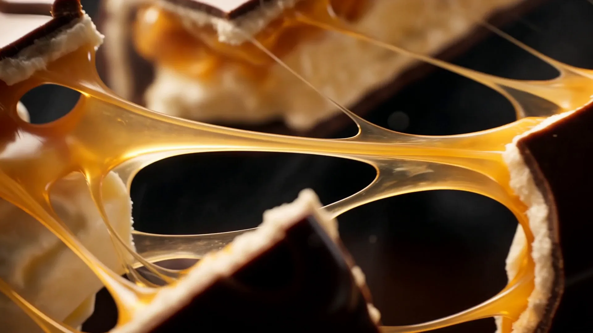 Macro of caramel pulling into a glowing golden web as the chocolate shards drift apart.