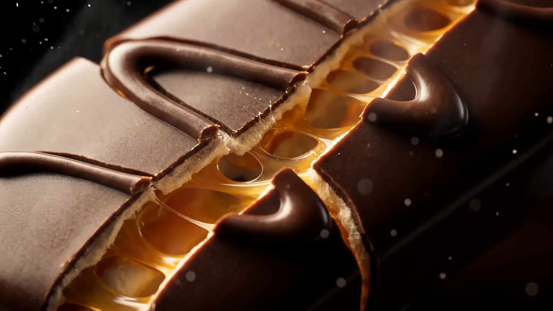 The shell separated along the crack, molten caramel stretching in glowing strands between the chocolate shards.