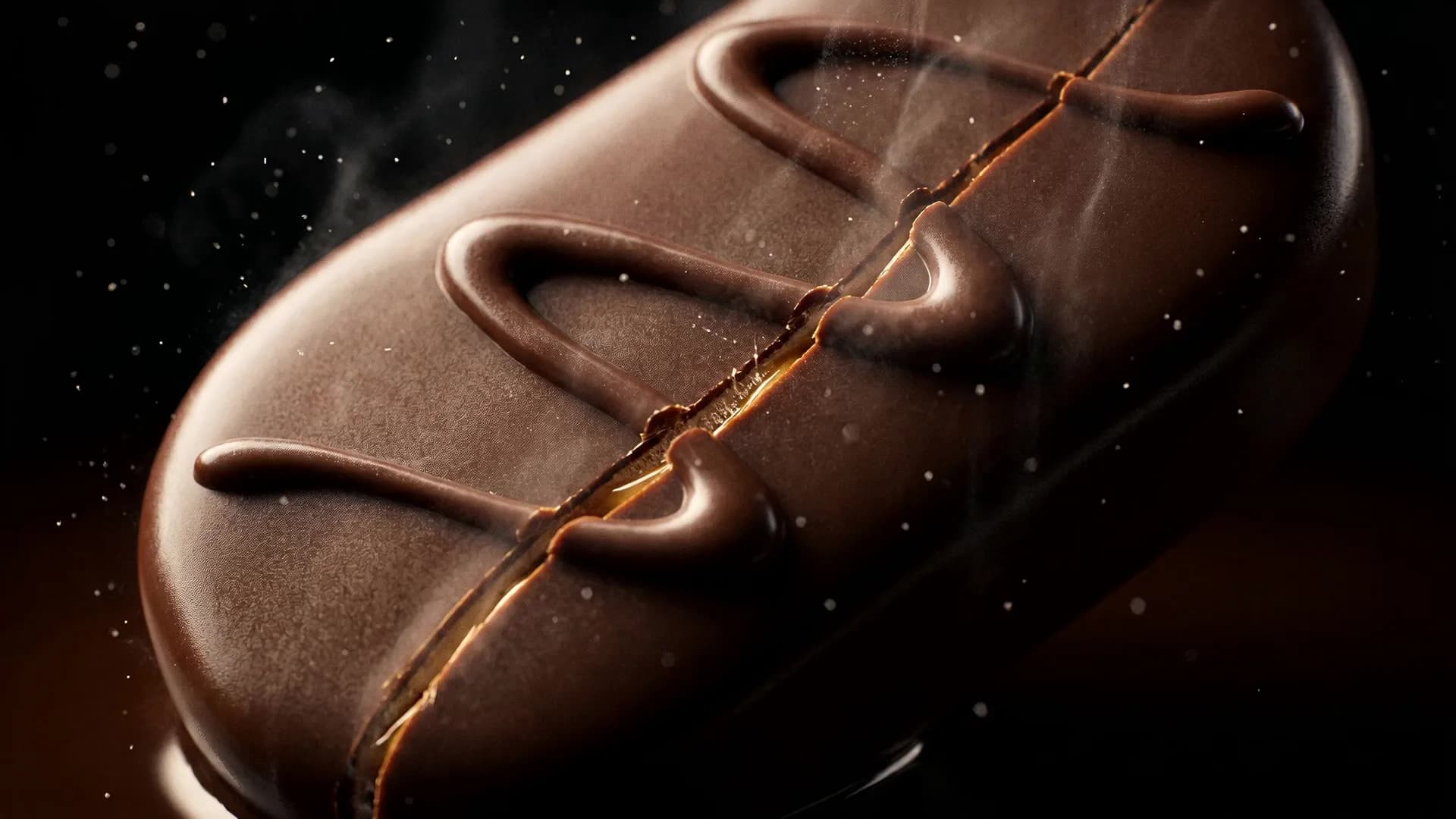 A hairline fracture racing across the dark chocolate shell, lit from within by warm gold, frost breathing off it.