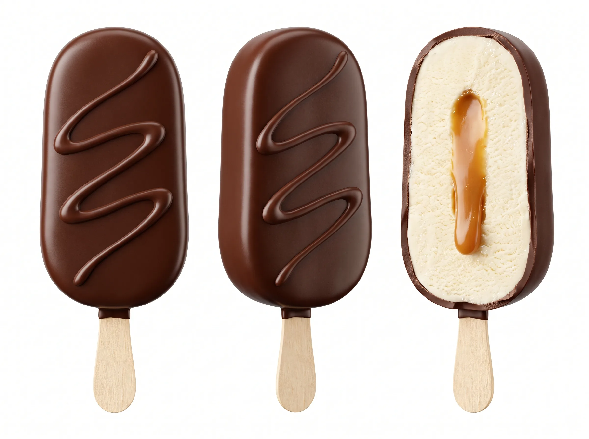 Magnum product sheet: two whole chocolate-coated bars with drizzle and one cross-section showing vanilla ice cream and a caramel core, on white.