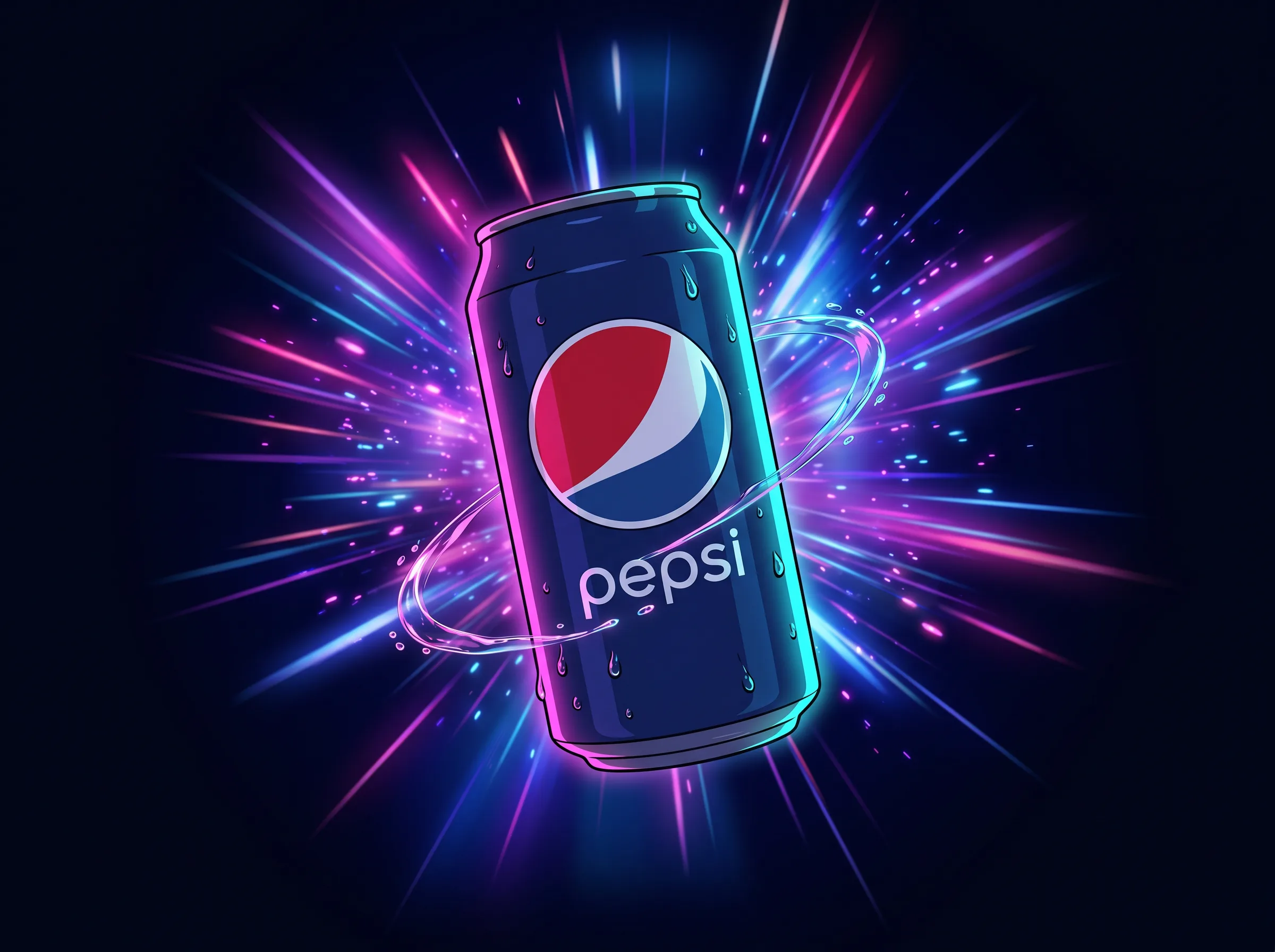 The Pepsi can in a neon light burst with a liquid orbit swirling around it.