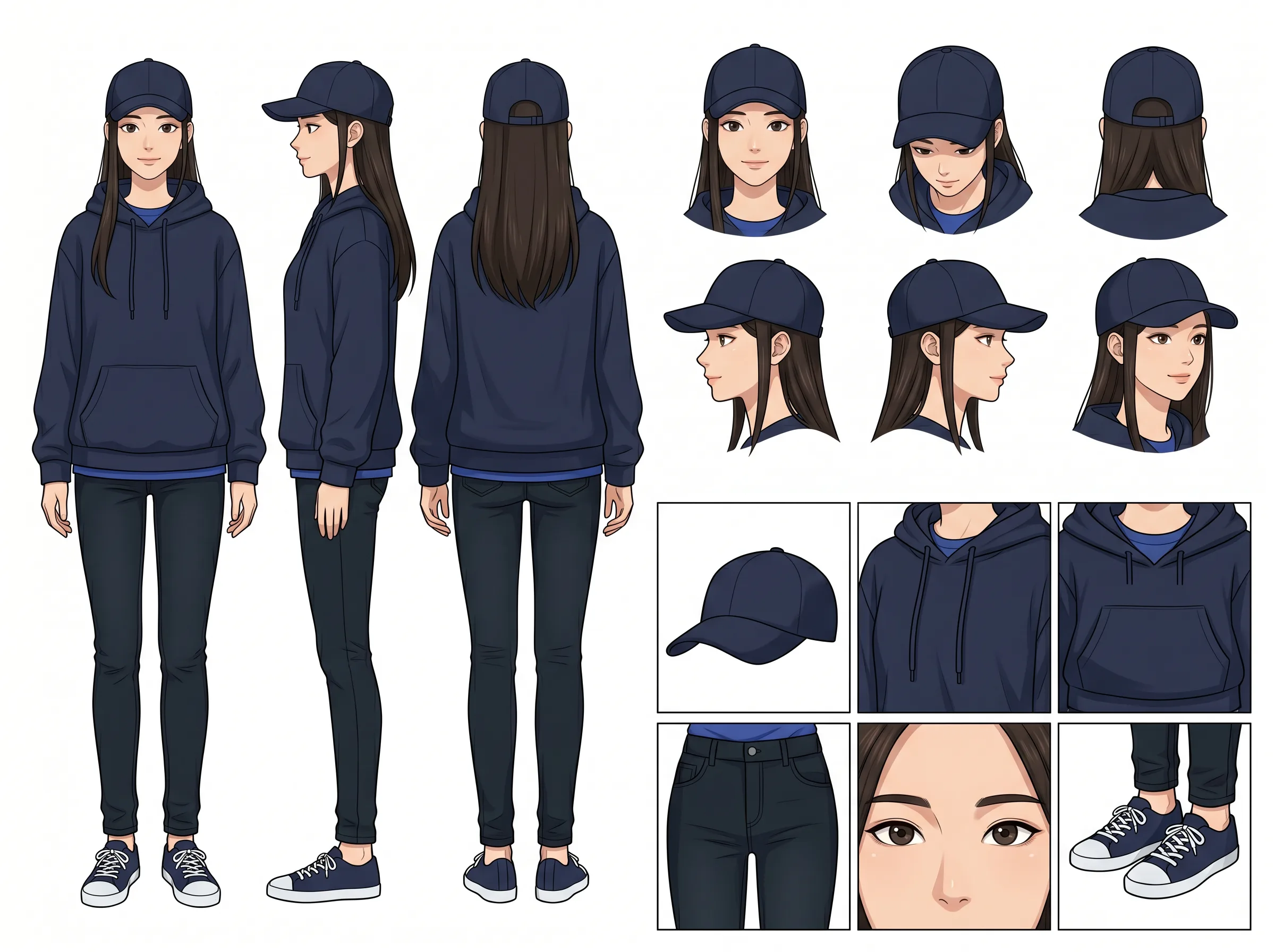 Dancer-girl character sheet, navy hoodie and cap, turnaround with expression grid and detail crops.