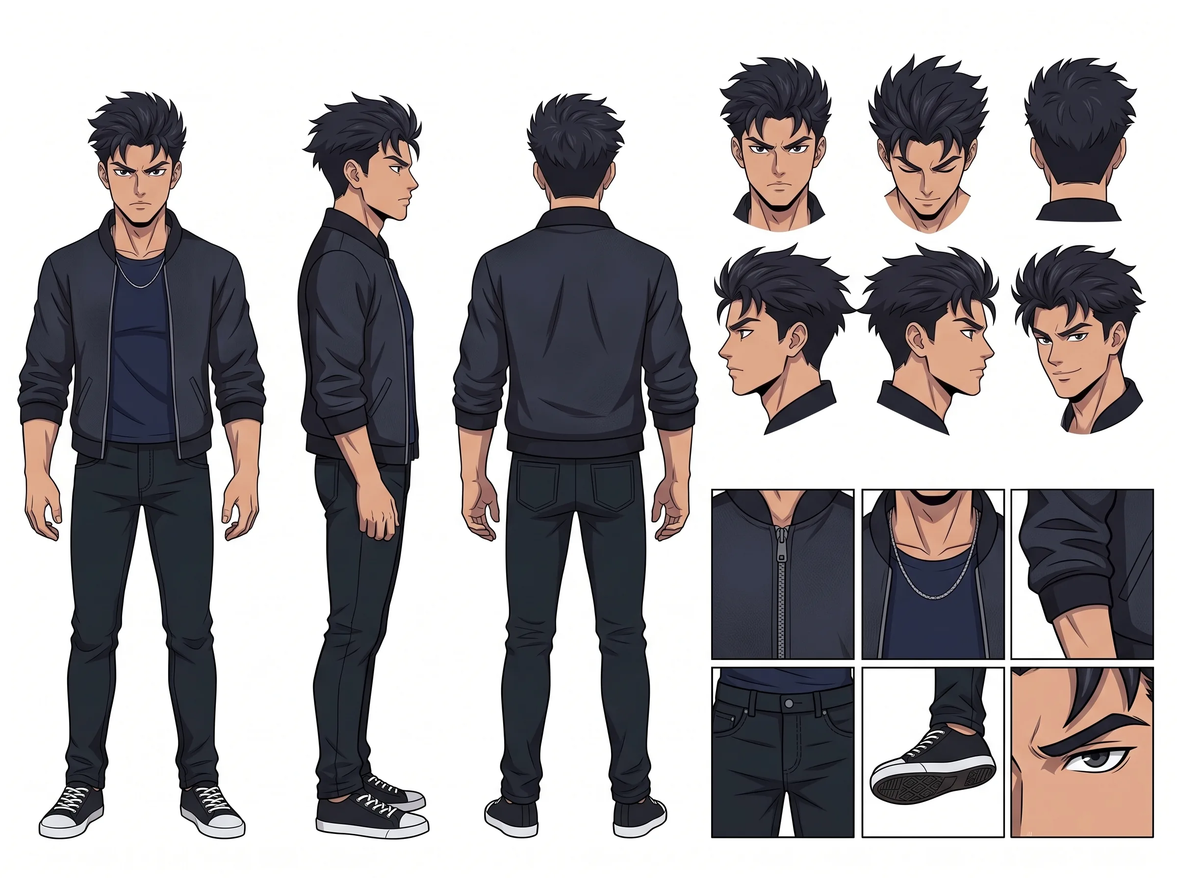 Hero character sheet, an anime young man in a navy bomber jacket, turnaround with expression grid and detail crops.