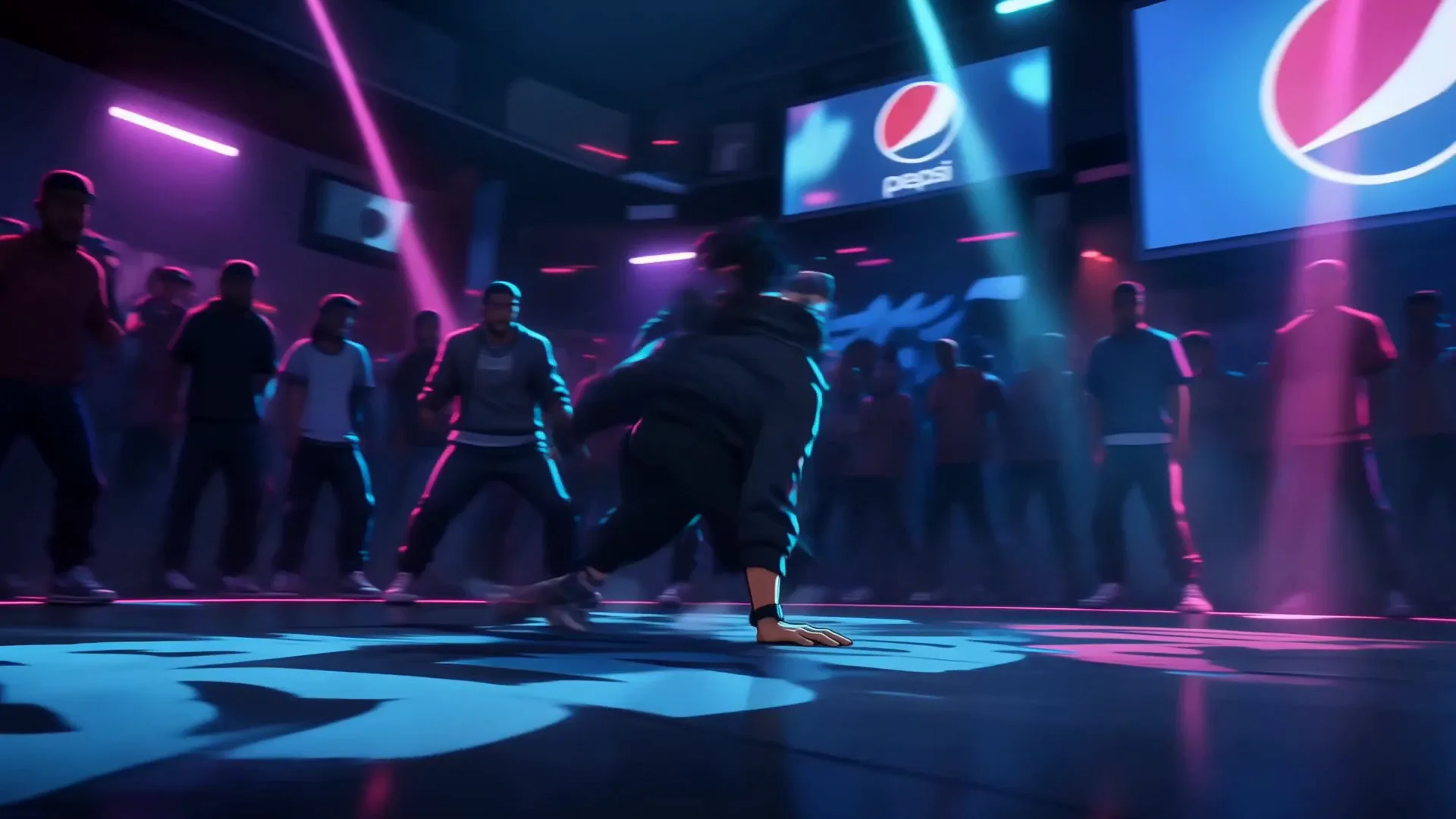 A b-boy breaking in the centre of the circle, crowd around, Pepsi screens glowing on the club wall.