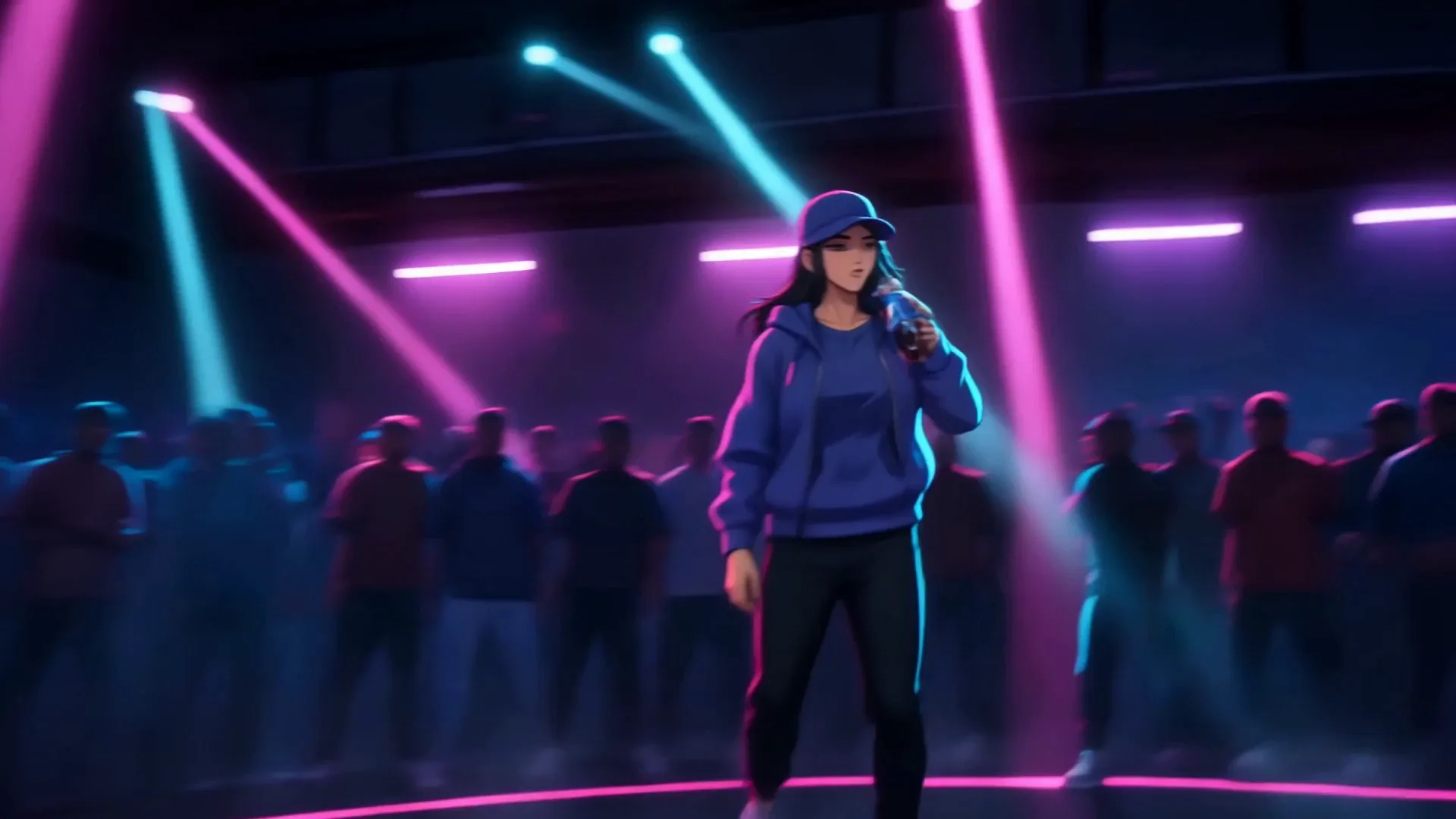 The cap girl tilting a Pepsi bottle to drink under crossing pink and cyan laser beams.