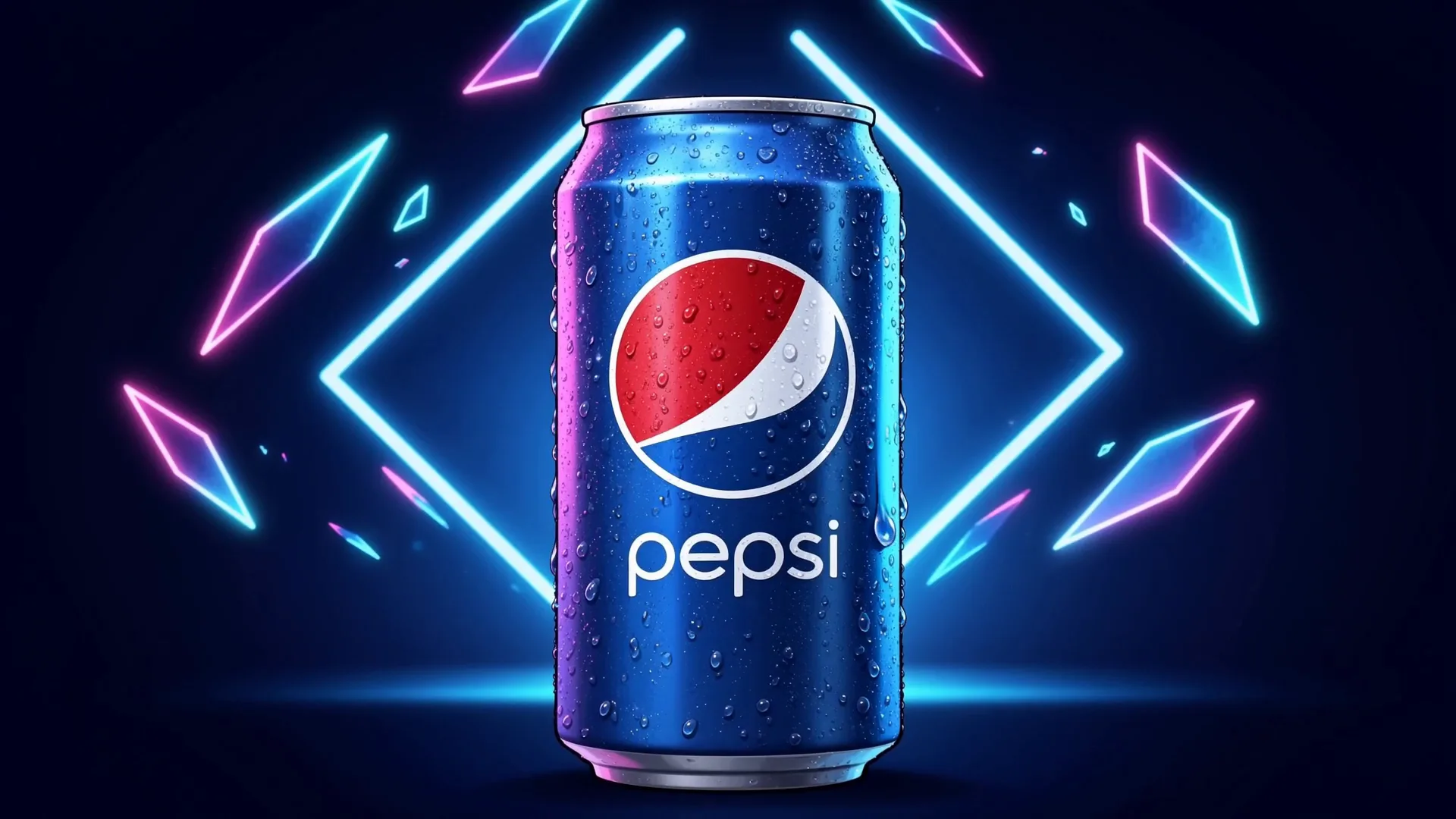 The end-card, a condensation-beaded Pepsi can framed by glowing neon diamonds.