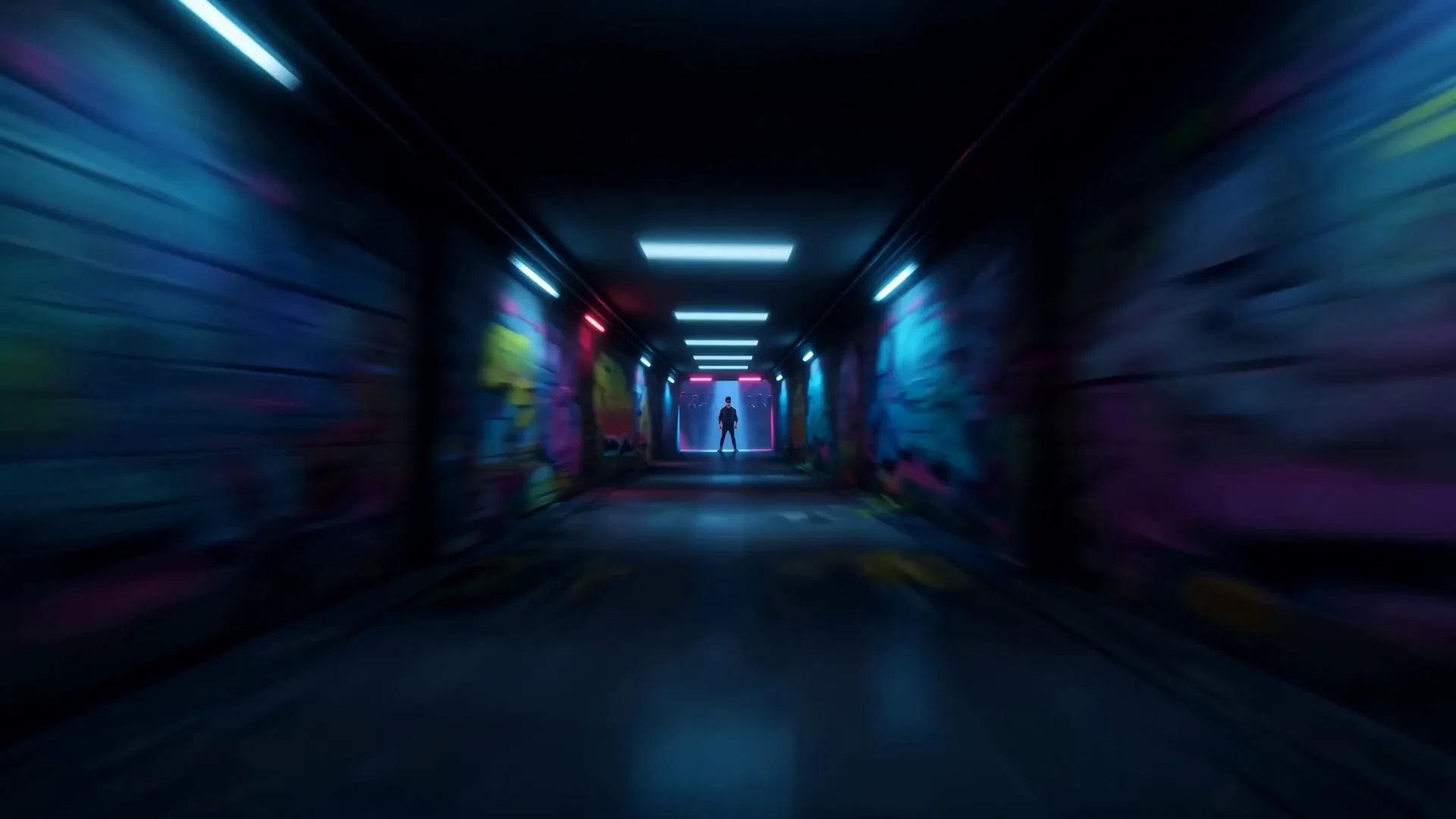 The hero as a small silhouette at the end of a graffiti-lined neon light tunnel, motion blur streaking past.