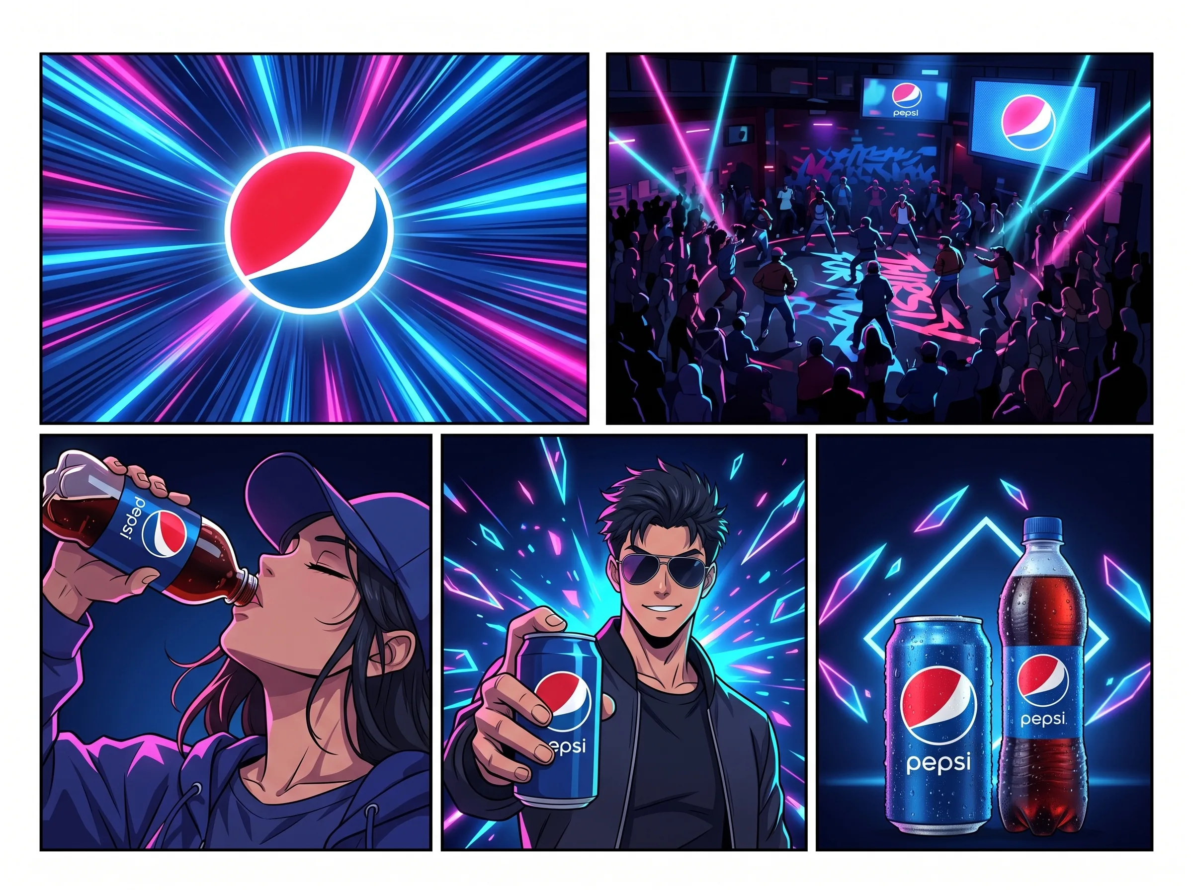 The five-beat master reference board, globe burst, club wide, girl drinking, hero with the can, and the can-and-bottle end lockup.