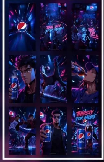 The original hand-drawn nine-panel anime storyboard for the Pepsi spot, neon club scenes in a vertical grid.